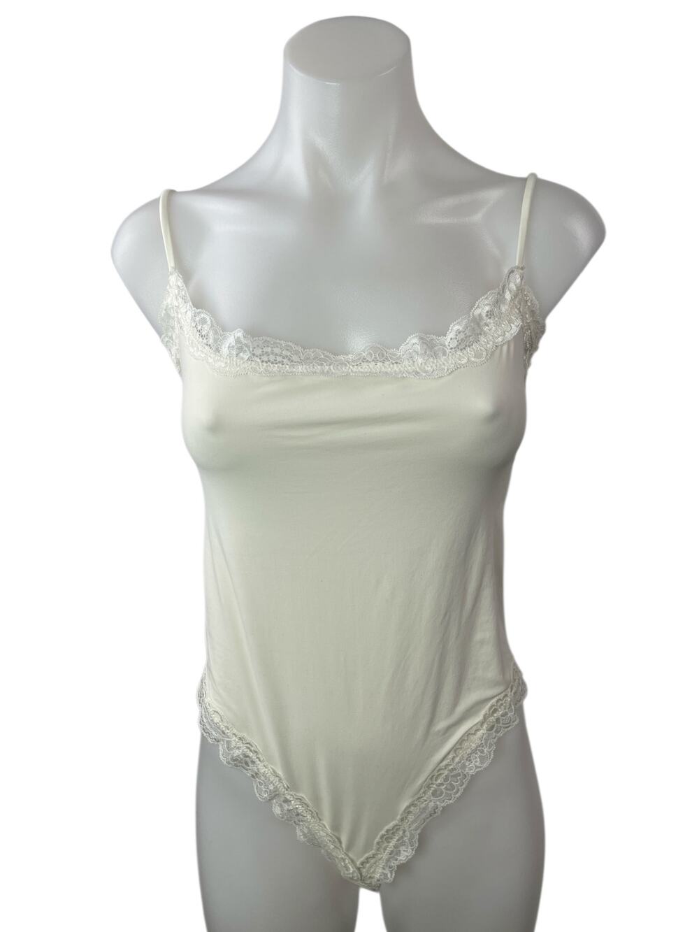 Suuksess Women's Cream Lace Trim Thong Cami Camisole Tank Bodysuit Top Size M